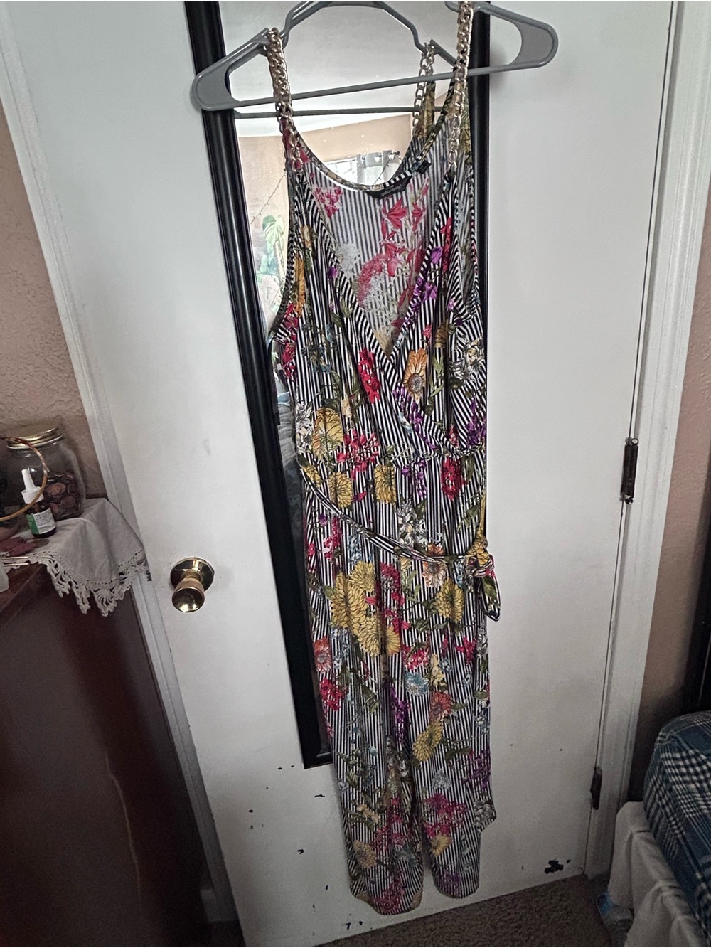 Mlle Gabrielle Floral Stripe Jumpsuit in Black, White, Yellow, Pink